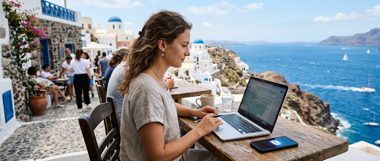 Digital nomad δουλεύει remote ενώ το virtual office παραλαμβάνει την αλληλογραφία του